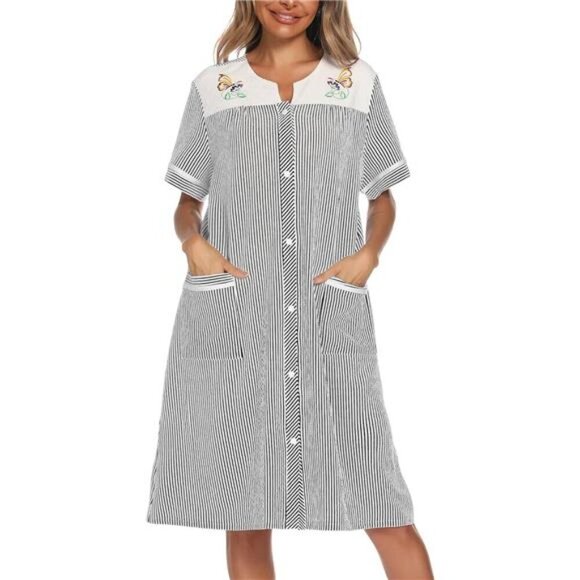 House Dress Womens Embroidered Housecoat Short Sleeve Duster Robe - Main Image